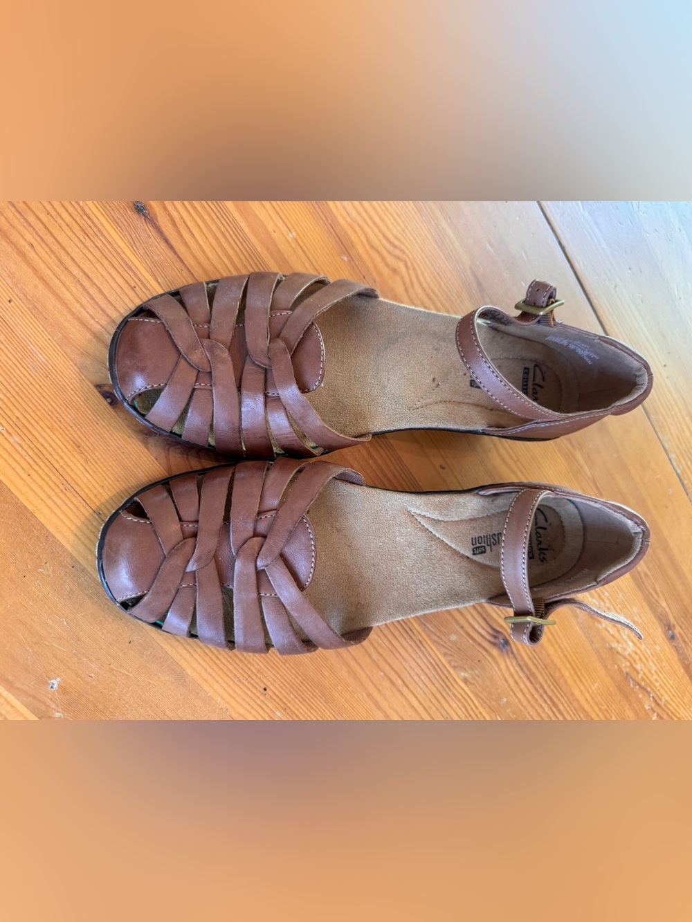 Clarks Brown Leather Woven Ankle-Strap Sandals